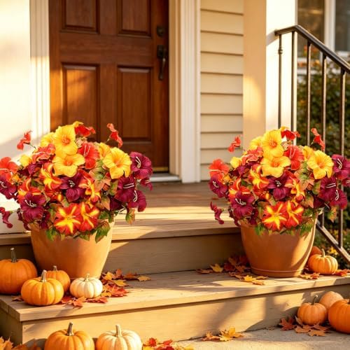 6 Bundles Artificial Fall Morning Glory Flowers for Outdoors, UV Resistant No Fade Fake Faux Fall Flowers with Maple Leaves for Thanksgiving Farmhouse Harvest Home Garden Patio Decor - Image 3