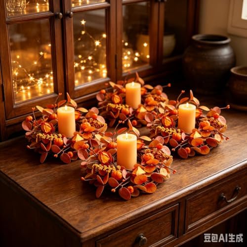 6 Pcs Small Fall Hanging Wreaths with Artificial Autumn Eucalyptus Leaves Mini Pumpkins Berry Clusters Burlap Ribbon Mini Cabinet Wreath for Home Kitchen Farmhouse Thanksgiving Harvest Party Decor - Image 6
