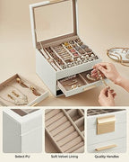 SONGMICS Jewelry Box Organizer, 4-Layer Storage with 3 Drawers, Glass Lid - Image 4