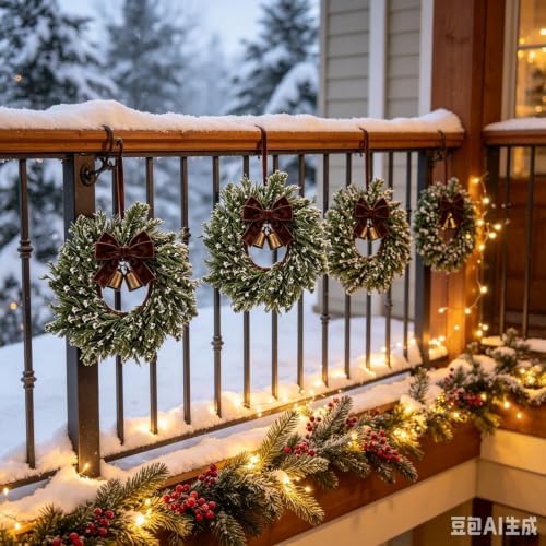 4 Pcs Small Christmas Hanging Wreaths Artificial Snow Flocked Cedar Wreaths with Brown Velvet Ribbon & Bronze Bells Mini Christmas Wreaths for Cabinet Porch Front Door Winter Xmas Holiday Decorations - Image 3