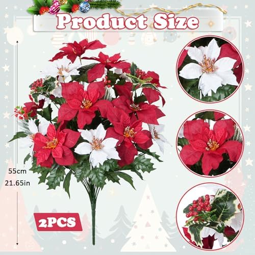 2 Bundles Poinsettia Artificial Christmas Flowers Bouquet (21.65'') - Image 2
