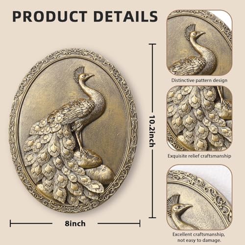 Newinhome Vintage Peacock Wall Sculpture Antique Wall Decor, Hand Painted Wall Decoration with Embossed Peacock Design, Gold Decor for Bedroom Living Room Hallway, Housewarming Gift - Image 3