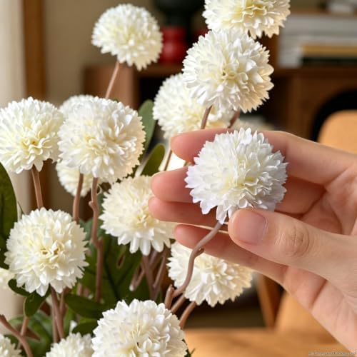 12Pcs White Faux Silk Mums Artificial Flowers Bulk with Eucalyptus Stems - Image 5