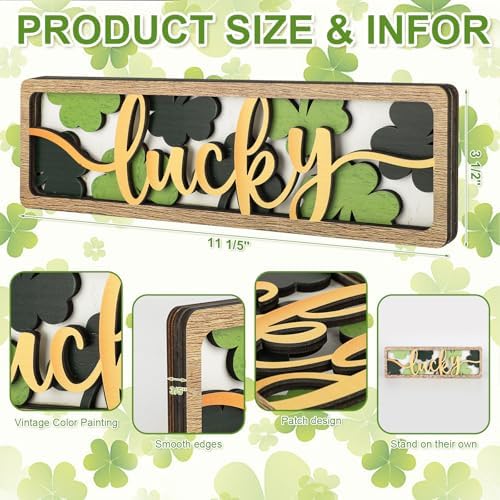 Vintage Happy St. Patrick's Day Decorations for Office, Home, Table, Mantel, Shelf, Desk, 3 1/2 x 11 Inch Retro Lucky Sign, Wooden Saint Patrick Decor Sign, Farmhouse Green Decoration (Lucky) - Image 2