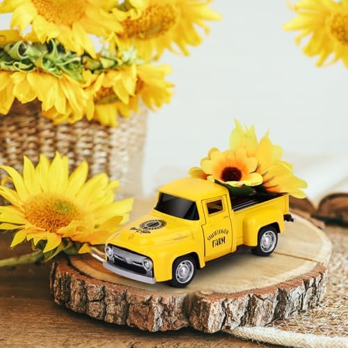 Sunflower Vintage Metal Truck Mini Metal Farm Truck Decor with Sunflower Bouquet Farmhouse Rustic Pickup Tiered Tray Decor for Home Kitchen Shelf Table Decor Yellow - Image 7