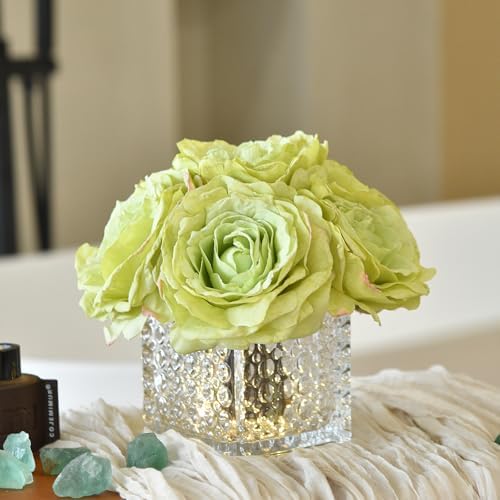 Silk Roses in Glass Vase with LED, Low Centerpiece for Table, Apple Green - Image 2