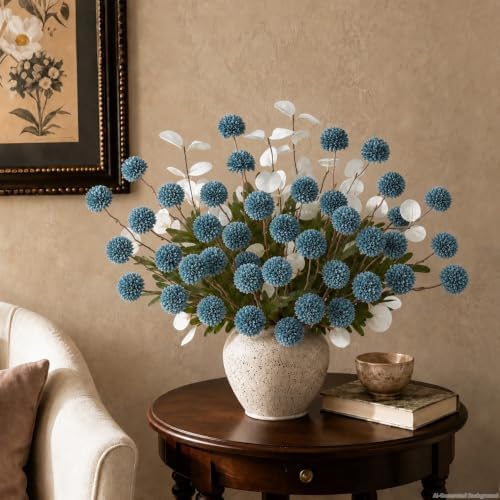 12Pcs Blue Faux Silk Mums Artificial Flowers Bulk with Eucalyptus Stems - Image 3