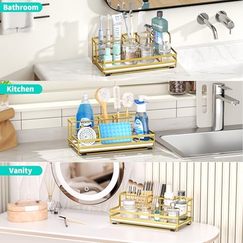 HapiRm Toothbrush Holders for Bathroom - 5 Partitions Bathroom Counter Organizer with Instant Drying Stone, Stainless Steel Countertop Storage Electric Toothbrush Toothpaste Holder - Gold - Image 6