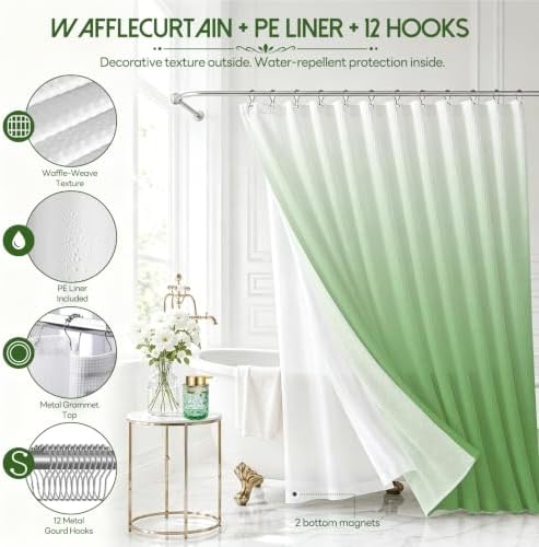 Green Bathroom Accessories Set with Shower Curtain and Liner, 7-Piece Bathroom Decor Set, Soap Dispenser, Toothbrush Holder, Soap Dish, Vanity Tray, Complete Bathroom Makeover Set - Image 5