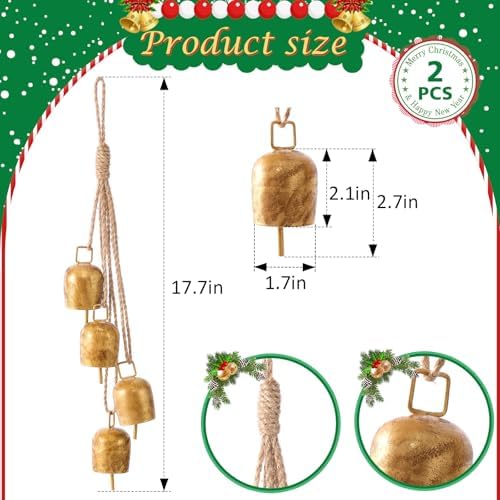 Hananona 2 Pcs Gold Vintage Bells with Hanging Rope, Decorative Metal Cow Bells for Weddings, Parties, and Christmas DIY Wreaths, Home Decor (2) - Image 3