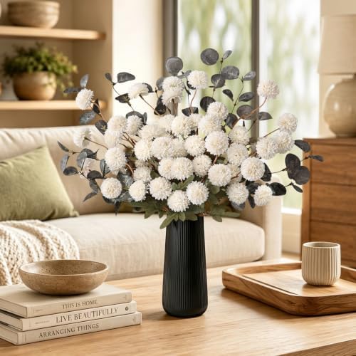 12 Pcs Realistic Fall Flowers Fake Mums with Vase, Full Silk Pompon Bulk - Image 5