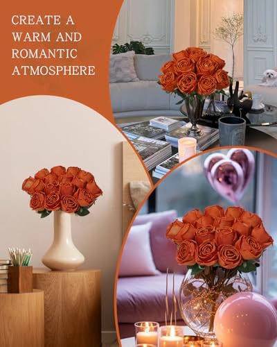 Coferset 10 Pcs Fake Silk Roses with Long Stems,Burnt Orange - Image 6