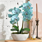 Large Artificial Orchid Arrangement in Oval Ribbed Ceramic Pot, Golden Blue by YSZL