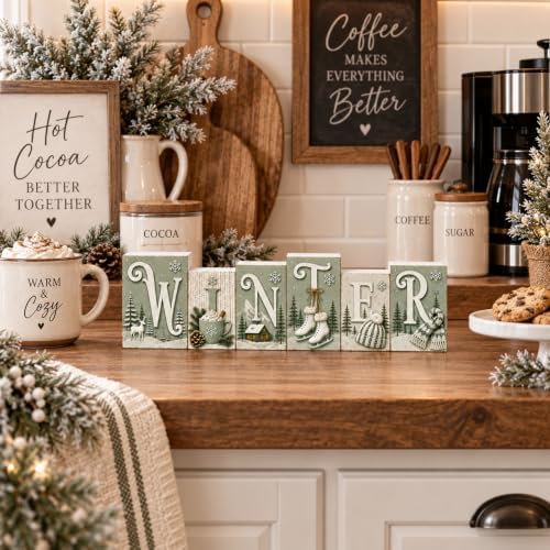 Winter Tabletop Decor, Sage Green Wooden Sign for Shelf, Mantel & Home - Image 5
