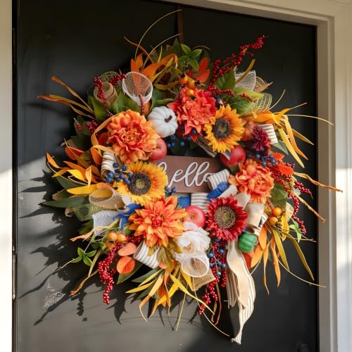 Fall Wreaths for Front Door 24 Inch Autumn Harvest Sunflower Apple Wreath - Image 2