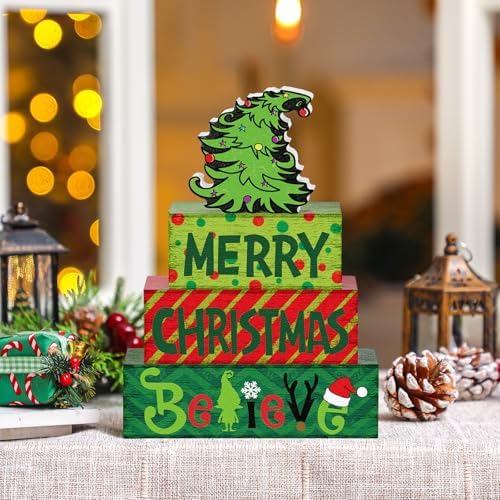 Marsui 4 Pcs Merry Christmas Table Decor Wooden Lime Green Red Block Sign - Image 6