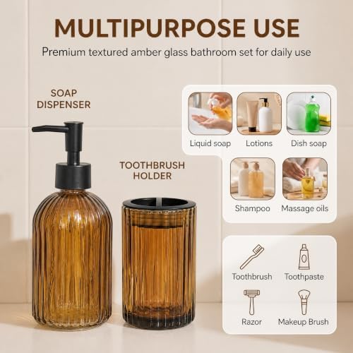 2 Pcs Amber Brown Bathroom Accessories Set, Glass Bathroom Set, Soap Dispenser, Toothbrush Holder Set, Crystal Modern Bathroom Decor, Housewarming Gift Set - Image 2