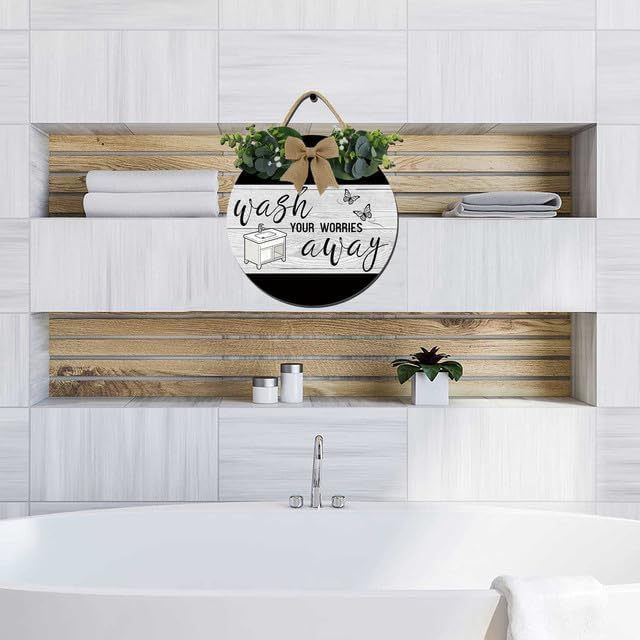 Bathroom Decor Wall Art Rustic Round Wooden Wreath Sign - Image 5
