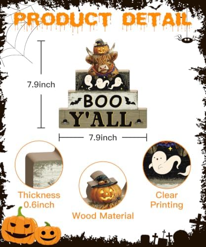 Putuo Decor Halloween Highland Cow Table Decor, Wooden Boo Yall Shelf Sign - Image 2