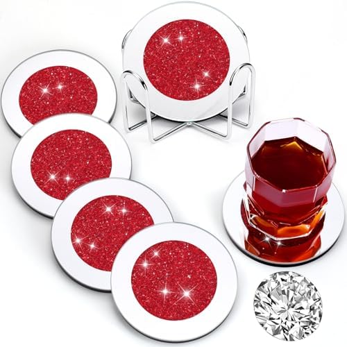 Jetec Mirrored Glass Coaster Set of 6 with 1 Holder 4" Crushed Diamond Round Cup Mat Glitter Crystal Rhinestone Glass Coaster Bling Table Decor for Bar Kitchen Gift for Christmas(Red,4 Inch) by Jetec
