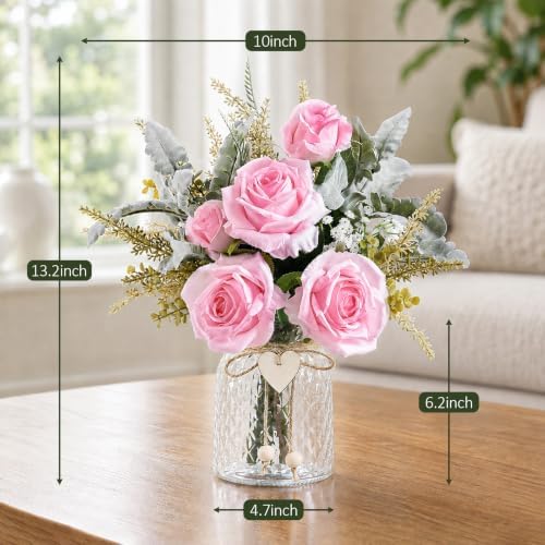Faux Flowers in Vase Pink Roses Floral Arrangements for Home Decor - Image 5