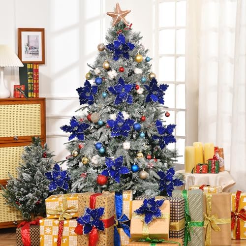 10 PCS Glitter Poinsettias, 8.7" Artificial Christmas Flowers, Royal Blue - Image 6