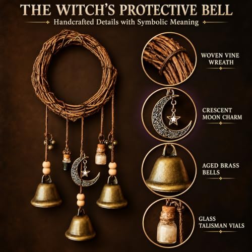Witch Bells for Door Knob for Protection, 2 Pack Handmade Witch Bells with Brass Bells and Spell Jars, Vintage Boho Witchy Decor Witchcraft Supplies Wiccan Gifts for Halloween Home Wall Door - Image 4