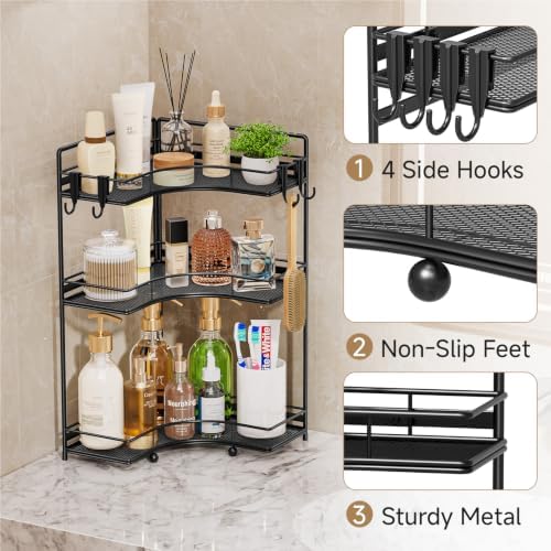 VITVITI 3 Tier Corner Bathroom Counter Organizer, Bathroom Countertop Organizer Storage for Sink, Metal Mesh Makeup Organizer for Vanity Countertop Kitchen with Hooks, Black - Image 4