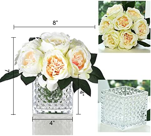 Artificial Peony Silk Flower Centerpieces Faux Floral Arrangement in Glass Vase for Home Wedding Table Decoration (Champagne) - Image 2