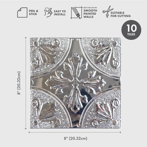 Peel and Stick Metal Backsplash Tiles, Silver Fleur, 10-Pack - Image 2
