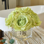 Silk Roses in Glass Vase with LED, Low Centerpiece for Table, Apple Green by YSZL