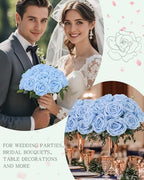 Coferset 10 Pcs Fake Silk Roses with Long Stems,Baby Blue - Image 6