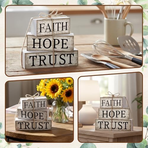CroBlissful 4 Pcs Farmhouse Wooden Table Decor Christian Tiered Tray Decorations Rustic Religious Gift Block Sign Faith Hope Trust Table Centerpiece for Home Kitchen Living Room Shelf Mantle - Image 4