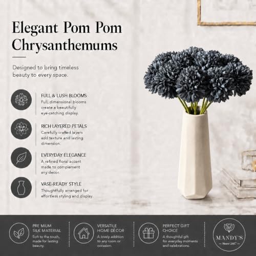 Mandy's 12pcs Artificial Dark Grey Ball Chrysanthemum Flowers - Image 2
