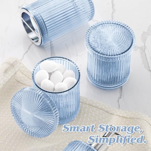 Blue Glass Bathroom Accessories Set 5 Piece, Vintage Ribbed Soap Dispenser, Toothbrush Holder, Tumbler, Qtip Jars, Cute Aesthetic Vanity Organizer for Home, Restroom Countertop Decor - Image 5