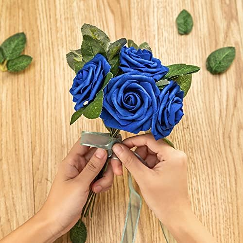 Artificial Flower Foam Rose 25pcs Real Looking Fake Rose with Stems Leaves for Home Decoration Party Garden Centerpieces DIY Wedding Bouquets（Royal Blue） - Image 5