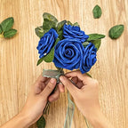 Artificial Flower Foam Rose 25pcs Real Looking Fake Rose with Stems Leaves for Home Decoration Party Garden Centerpieces DIY Wedding Bouquets（Royal Blue） - Image 5