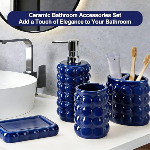 4 Piece Ceramic Bathroom Accessories Set –Soap Dispenser,Toothbrush Holder,Tumbler & Soap Dish,Includes Silicone Funnel,Non-Slip,Modern Farmhouse Countertop Organizer Set for Bathroom Decor, Navy Blue - Image 6