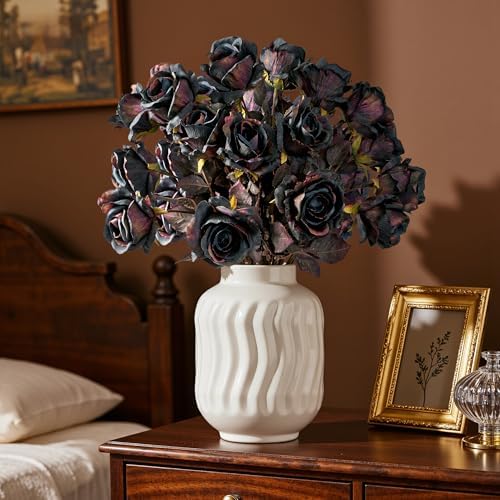 Artificial Roses 20PCS 23.2In Fake Roses Long Stem Artificial Flowers for Tall Vase Silk Rose Autumn Suitable for Indoor Halloween Gothic Decoration Wedding Party Decor DIY Bouquet Dark Blue - Image 5