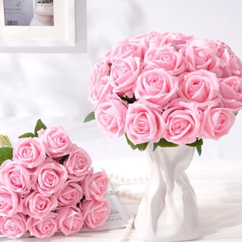 200Pcs Pink Roses Artificial Flowers Real Touch Velvet Fake Roses Bouquet - Image 3
