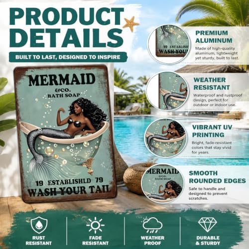 Funny Mermaid Company Bath Soap Metal Signs Wash Your Tail Sign Vintage Tin Sign Wall Decor Retro Tin Signs for Room Living Room Bathroom Toilet Hotel 12x16 Inch - Image 3