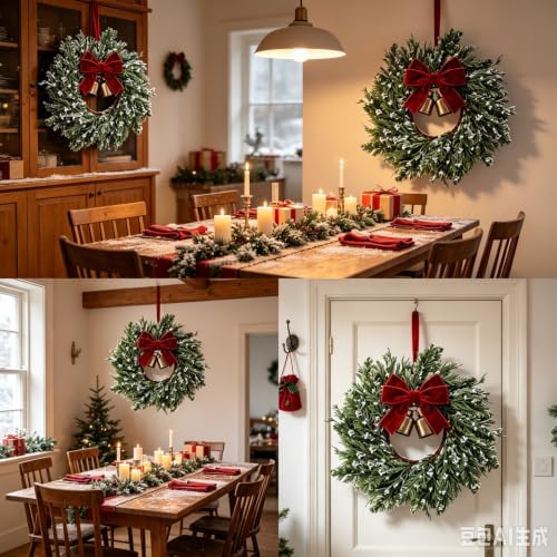 6 Set Christmas Hanging Wreaths Small Snow Flocked Artificial Cedar Wreaths with Red Velvet Ribbon Bronze Bells Mini Faux Greenery Wreath for Front Door Porch Cabinet Window Xmas Holiday Decorations - Image 7