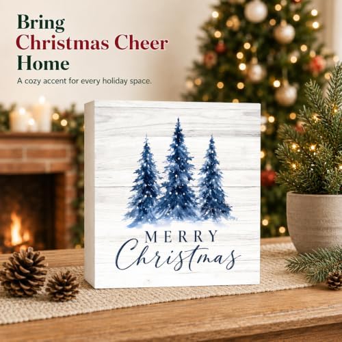 Christmas Decorations Blue Pine Trees Merry Christmas Wood Box Sign - Image 2