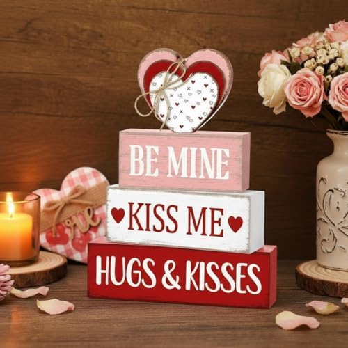 Marsui 4 Pcs Valentine's Day Decorations for Home Heart Table Decor Rustic Distressed Wooden Signs Valentines Centerpieces Blocks Farmhouse Valentines Tiered Tray Decor for Desk Shelf Mantel Indoor - Image 2