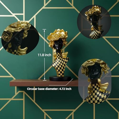 Lescafita African Queen Sculpture Gold Flower Crown, Black and Gold Checkered Gift Statue, Luxury Art Figurine for Home Decor Shelf Table Display - Image 3