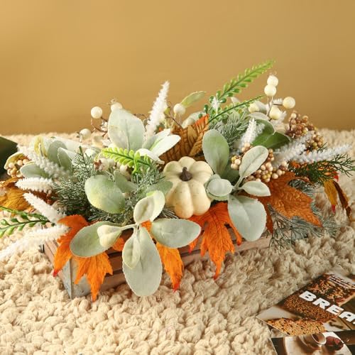 Thanksgiving Potted, Eucalyptus Berries Pumpkins Lamb Ears Leaves Autumn Pots for Centerpiece Table Decor, Fall Decor, Home Coffee Table Dining Room Office Kitchen (D) by CIROASES