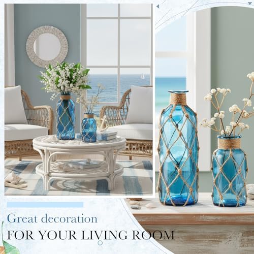 Chuangdi Set of 2 Coastal Glass Flower Vase with Boho Rope, Navy Blue - Image 4