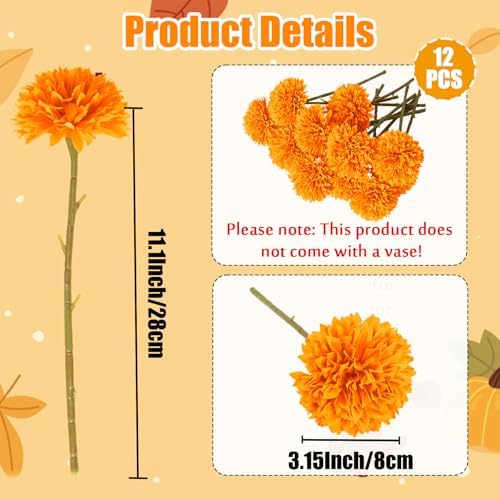 Tinsow 12PCS Artificial Ball Chrysanthemum Faux Flowers Bouquet Orange - Image 2