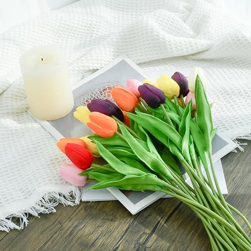 ONLY ART Artificial Multicolor Tulips 20 Pcs – 13.5 Inch PU Faux Flowers with Bendable Stems for Home Décor, Wedding Centerpieces, DIY Floral Arrangements, New Year and Valentine's Day - Image 3