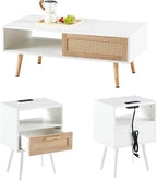 Rattan Center Table and Nightstand Set, 3-Piece Wood Living Room Table Set by YOUGUO